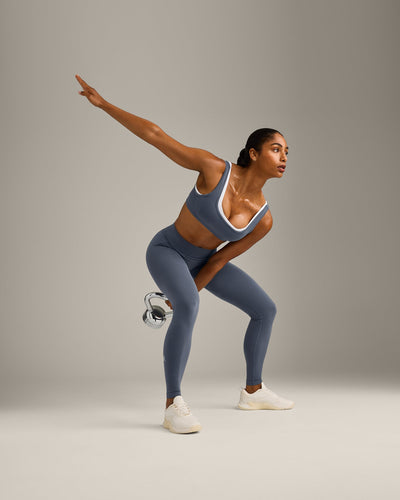 EffortlessLift™ Seamless Mid Rise Leggings with Gray Logo | Light Granite Blue