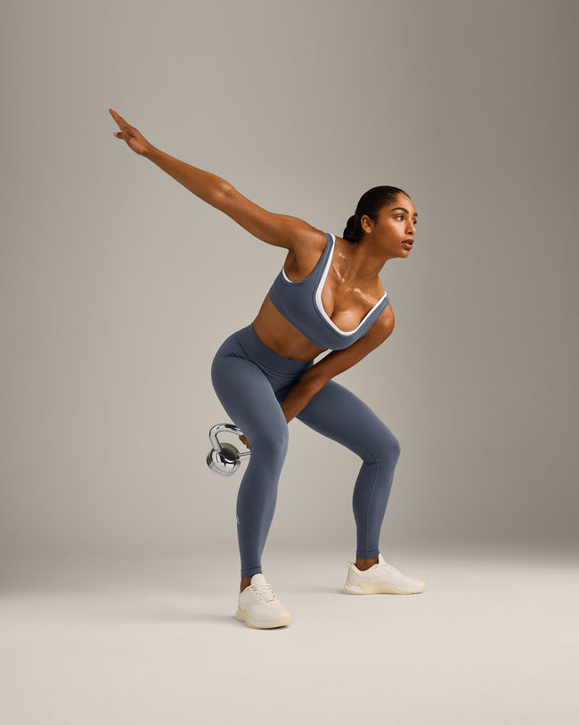 EffortlessLift™ Seamless Mid Rise Leggings with Gray Logo | Light Granite Blue