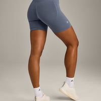 EffortlessLift™ Seamless Mid Rise Shorts with Gray Logo | Light Granite Blue