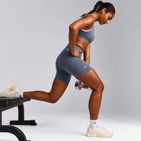 EffortlessLift™ Seamless Mid Rise Shorts with Gray Logo | Light Granite Blue