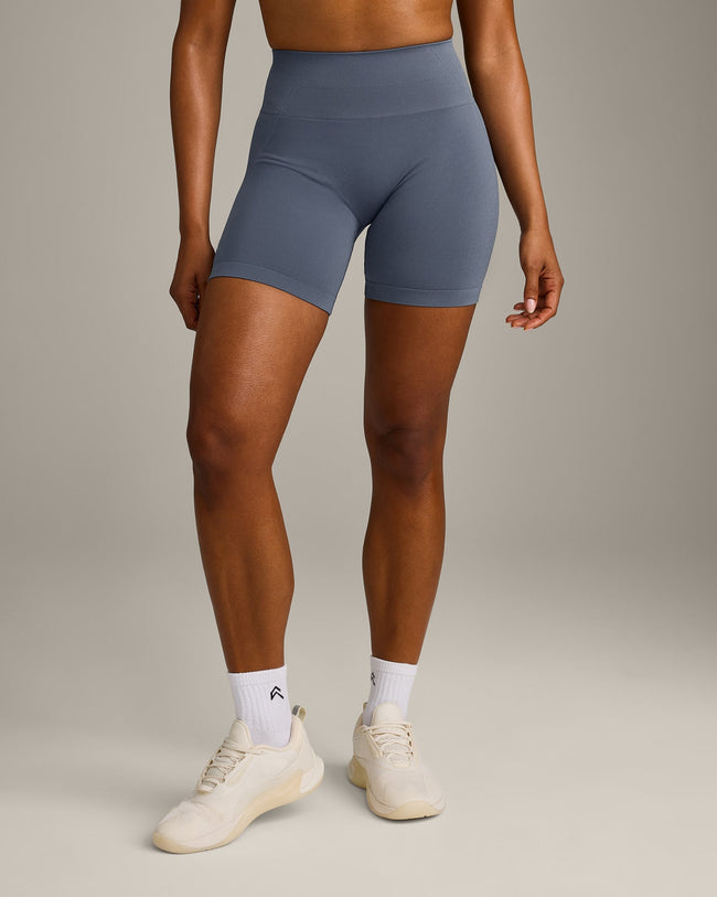 EffortlessLift™ Seamless Shorts with Gray Logo | Light Granite Blue