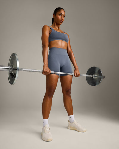 EffortlessLift™ Seamless Shorts with Gray Logo | Light Granite Blue