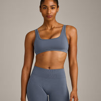 EffortlessLift™ Square Neck Sports Bra with Gray Logo | Light Granite Blue
