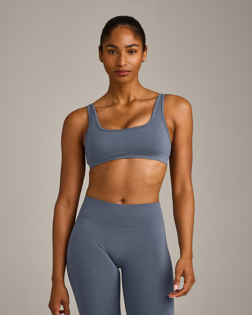 EffortlessLift™ Square Neck Sports Bra with Gray Logo | Light Granite Blue