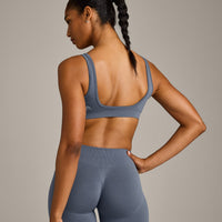 EffortlessLift™ Square Neck Sports Bra with Gray Logo | Light Granite Blue