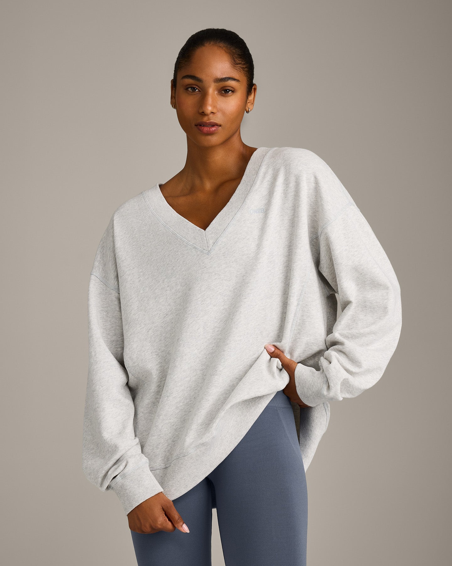 Cotton Vintage Lounge V Neck Sweatshirt | Light Gray Marl