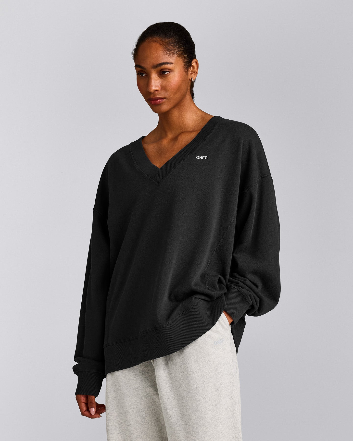 Cotton Vintage Lounge V Neck Sweatshirt | Washed Black