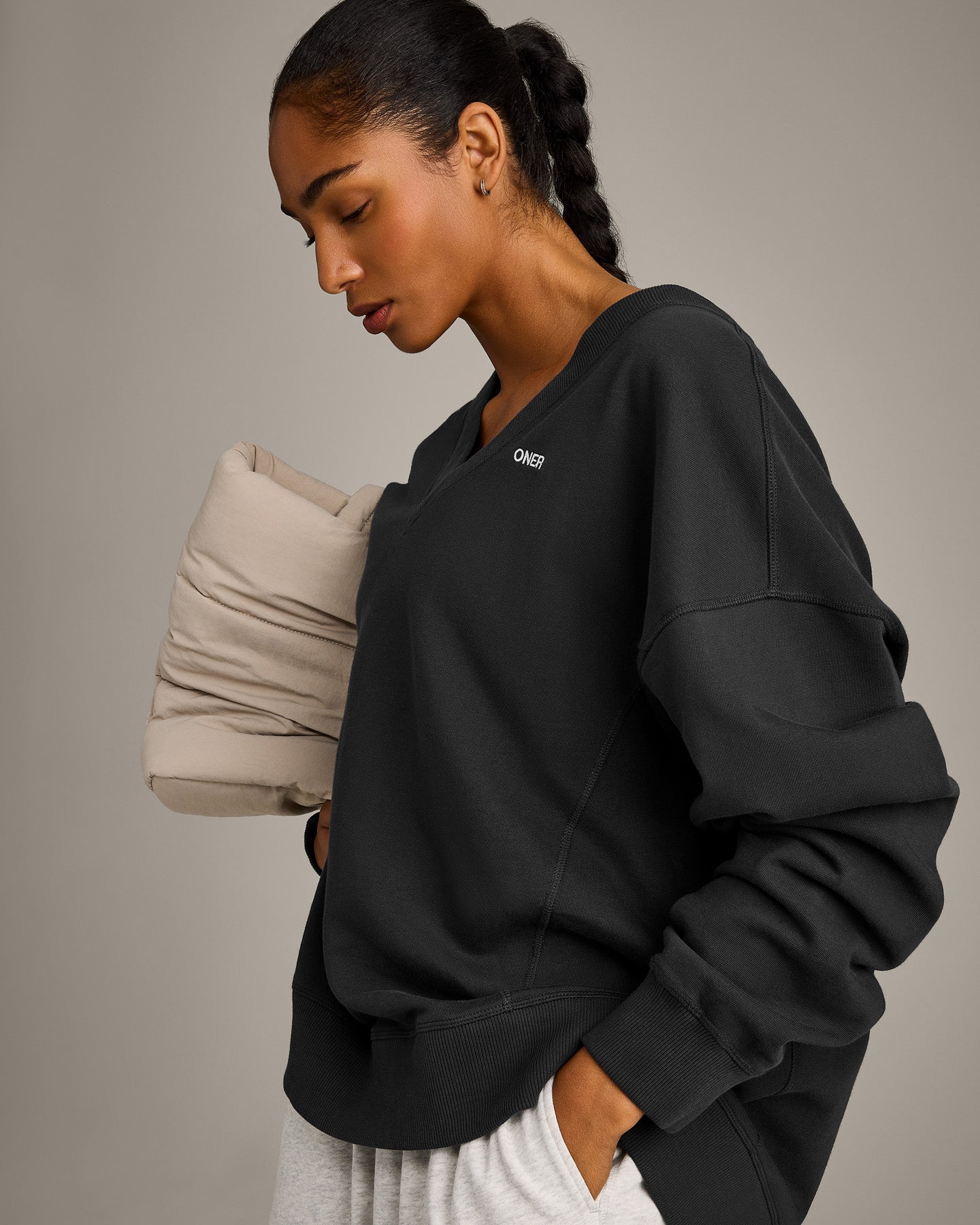 Cotton Vintage Lounge V Neck Sweatshirt | Washed Black