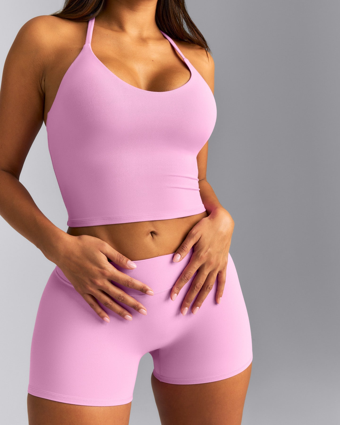 SoftMotion™ Strappy Halter Neck Mid Tank Top with Built in Bra Shelf New Branding | Rose Pink