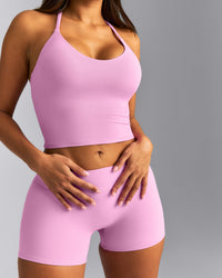 SoftMotion™ Strappy Halter Neck Mid Tank Top with Built in Bra Shelf New Branding | Rose Pink