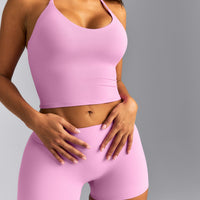 SoftMotion™ Strappy Halter Neck Mid Tank Top with Built in Bra Shelf New Branding | Rose Pink
