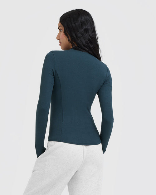 Mellow™ Rib Mock Neck Long Sleeve Top | Oil Blue