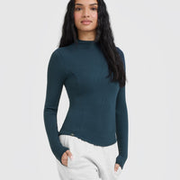 Mellow™ Rib Mock Neck Long Sleeve Top | Oil Blue