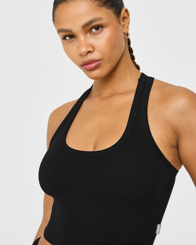 Cotton Fitted Mid Vest with Grey Logo | Black