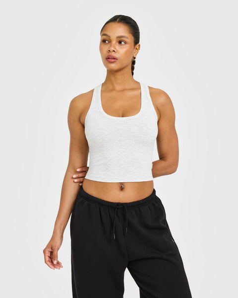 Cotton Fitted Mid Tank Top with Grey Logo in Light Grey Marl