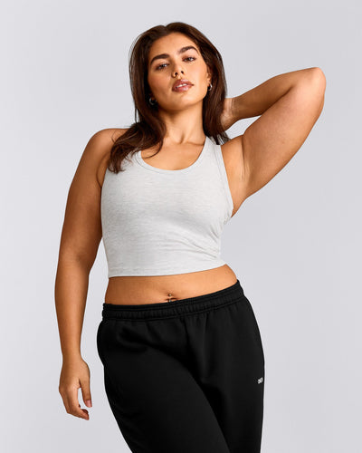 Cotton Fitted Mid Tank Top with Gray Logo | Light Gray Marl