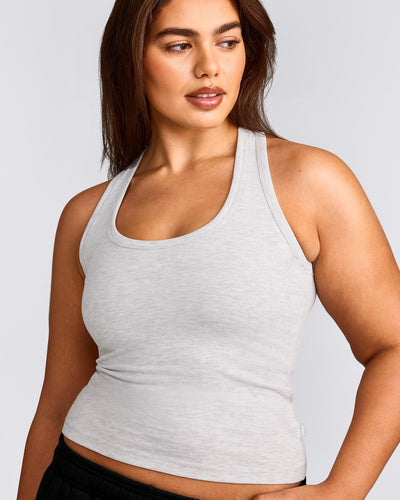 Cotton Fitted Tank Top with Gray Logo | Light Gray Marl