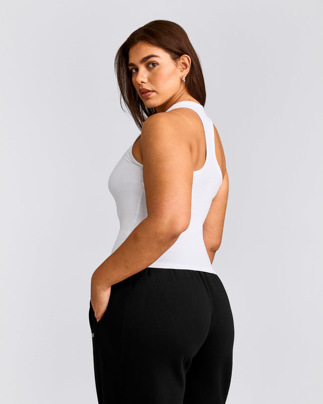 Cotton Fitted Tank Top with Gray Logo | White