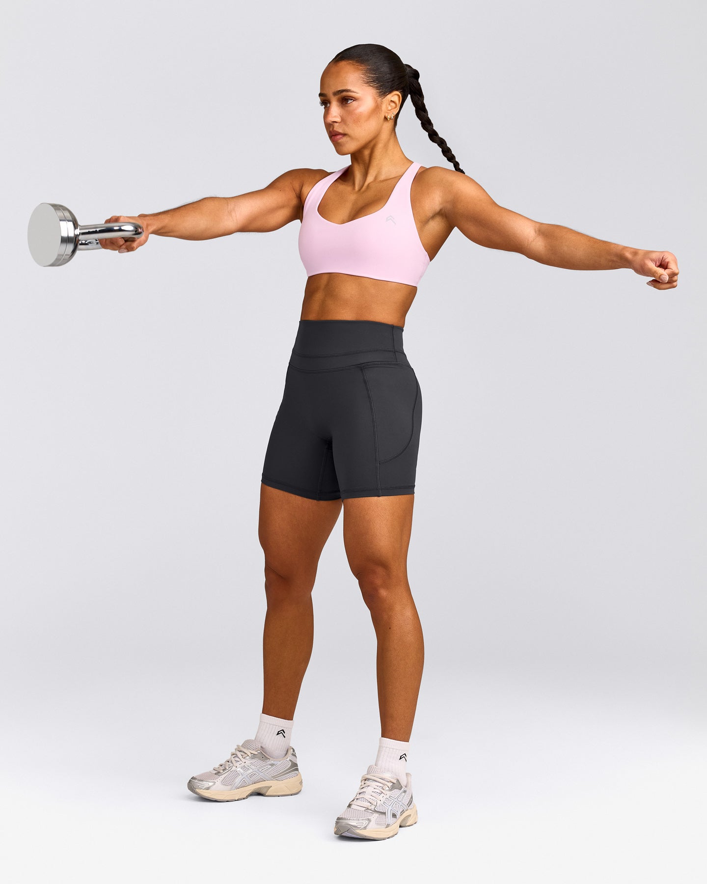 EasyLift™ Cross Back Sports Bra with Gray Logo | Chalk Pink