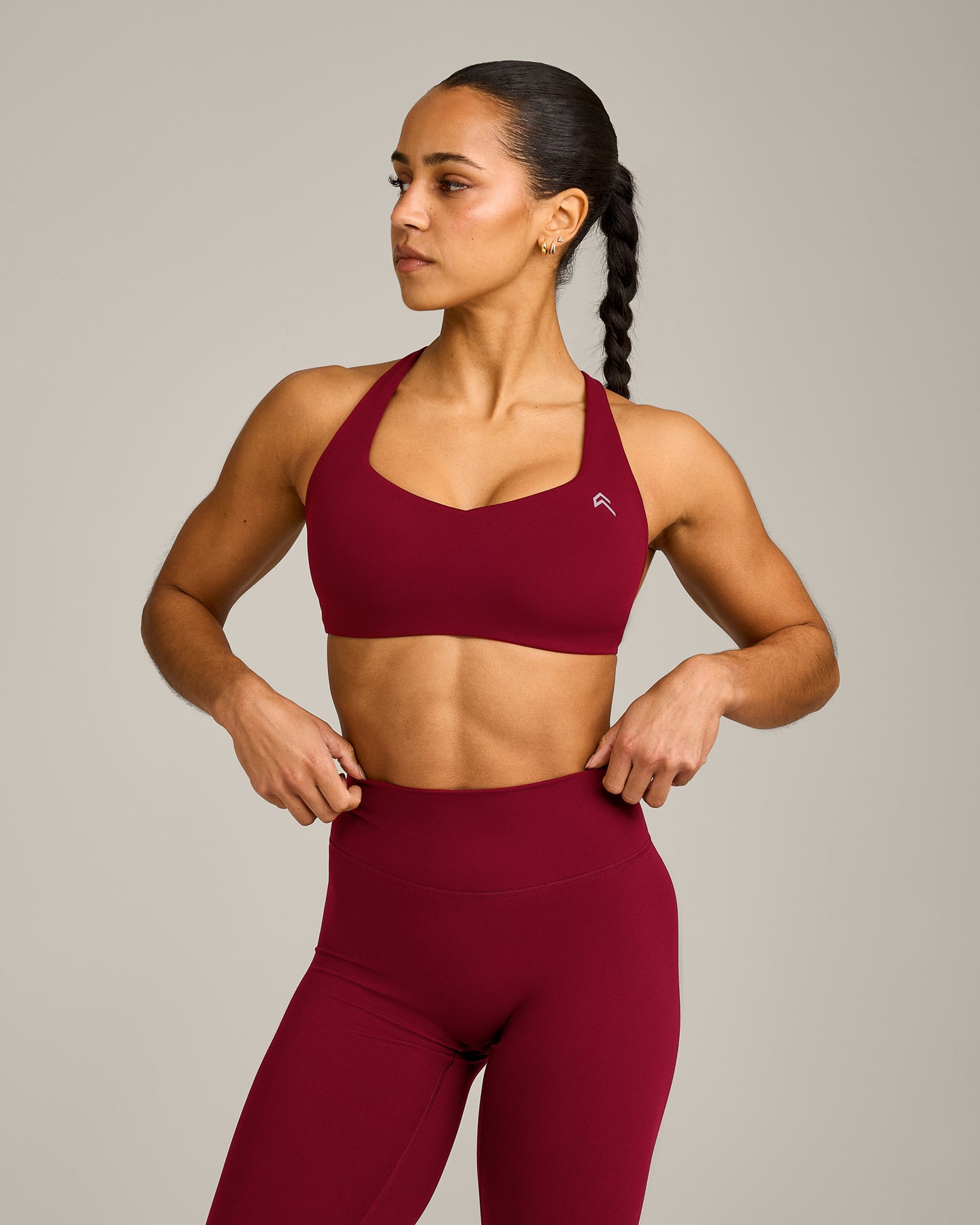 EasyLift™ Cross Back Sports Bra with Gray Logo | Ruby Red