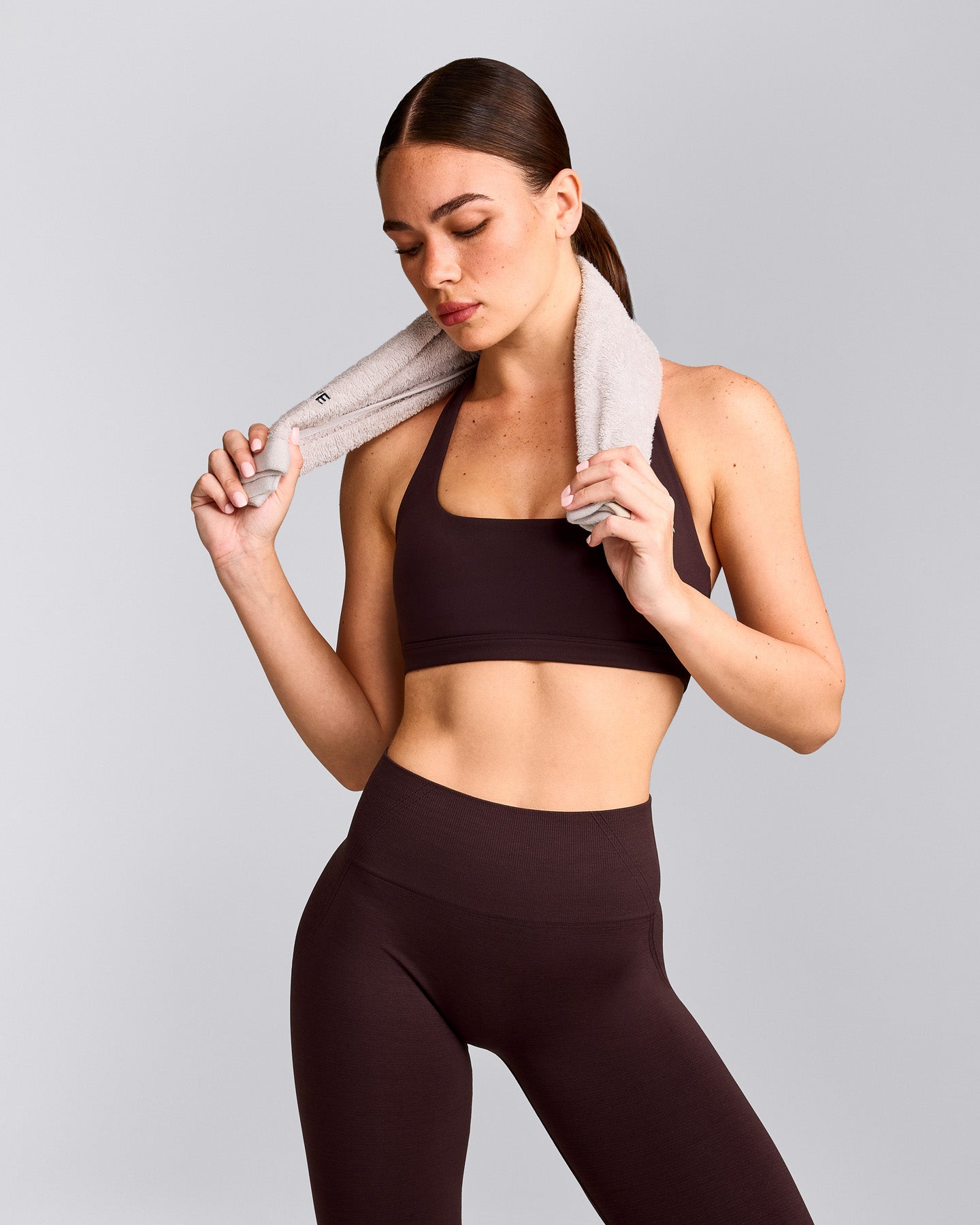 EasyLift™ Halter Bralette with Gray Logo | Plum Brown