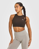EasyLift™ High Neck Sports Bra with White Logo | 70% Cocoa
