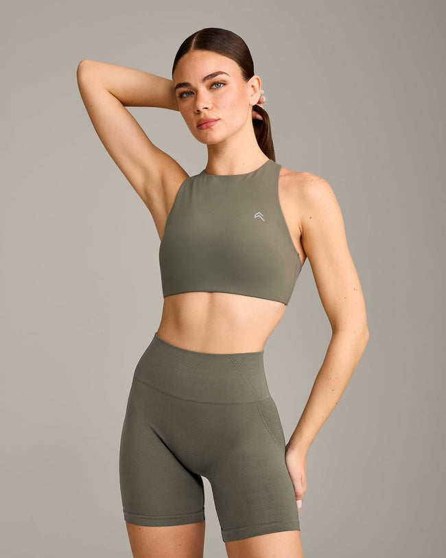 EasyLift™ High Neck Sports Bra with Gray Logo | Alpine Green
