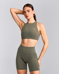 EasyLift™ High Neck Sports Bra with Gray Logo | Alpine Green