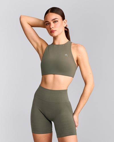 EasyLift™ High Neck Sports Bra with Gray Logo | Alpine Green