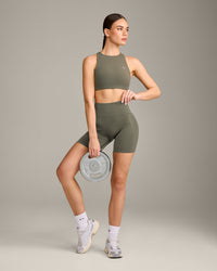 EasyLift™ High Neck Sports Bra with Gray Logo | Alpine Green