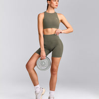 EasyLift™ High Neck Sports Bra with Gray Logo | Alpine Green