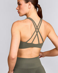 EasyLift™ High Neck Sports Bra with Gray Logo | Alpine Green