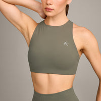 EasyLift™ High Neck Sports Bra with Gray Logo | Alpine Green