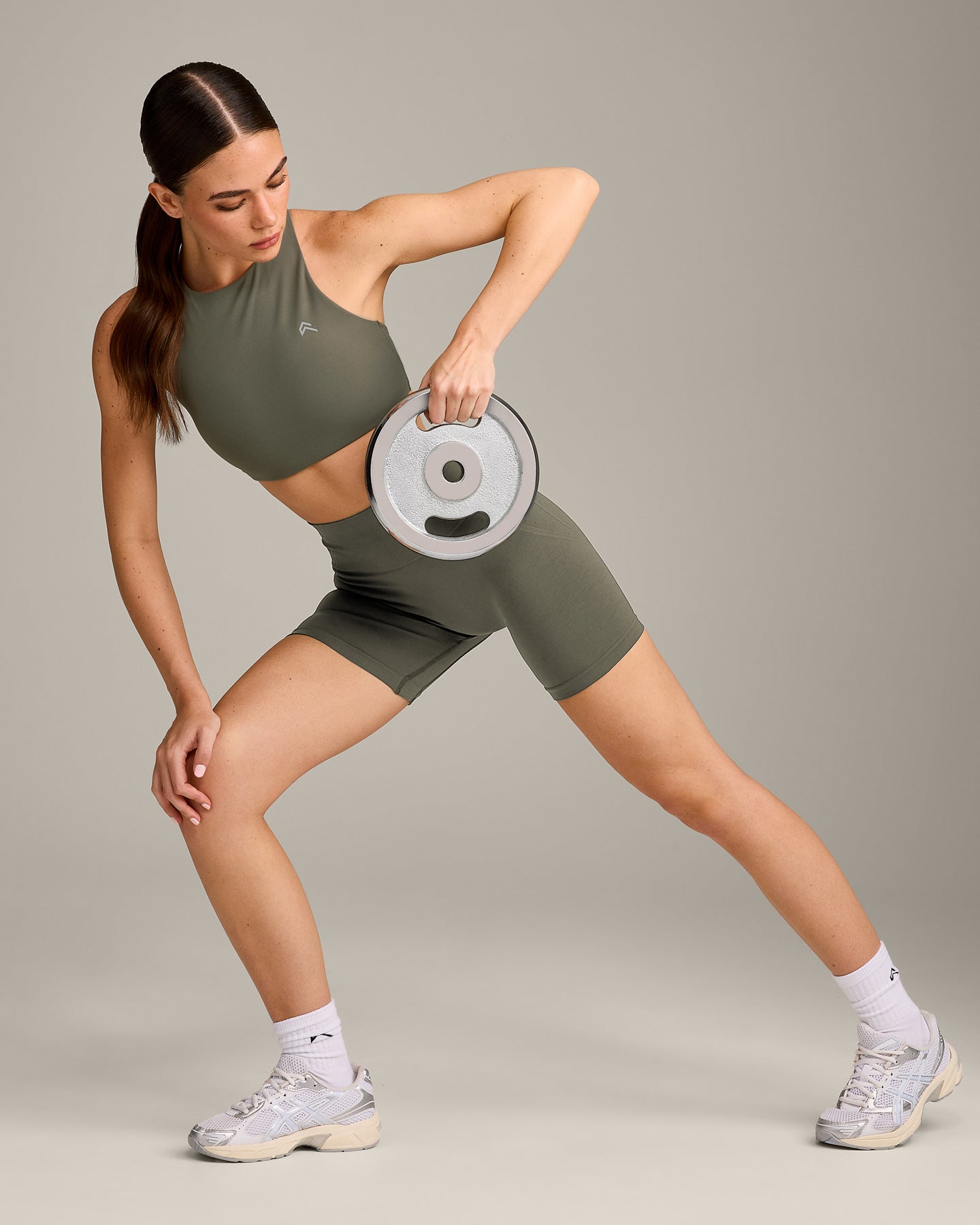 EasyLift™ High Neck Sports Bra with Gray Logo | Alpine Green