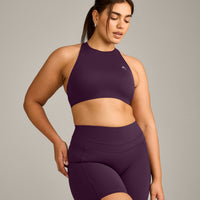 EasyLift™ High Neck Sports Bra with Gray Logo | Blackberry Purple