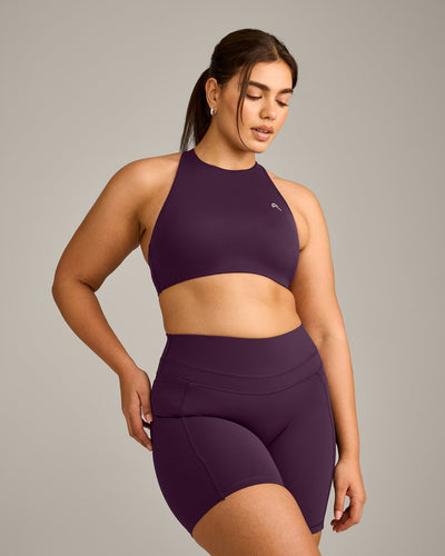 EasyLift™ High Neck Sports Bra with Gray Logo | Blackberry Purple