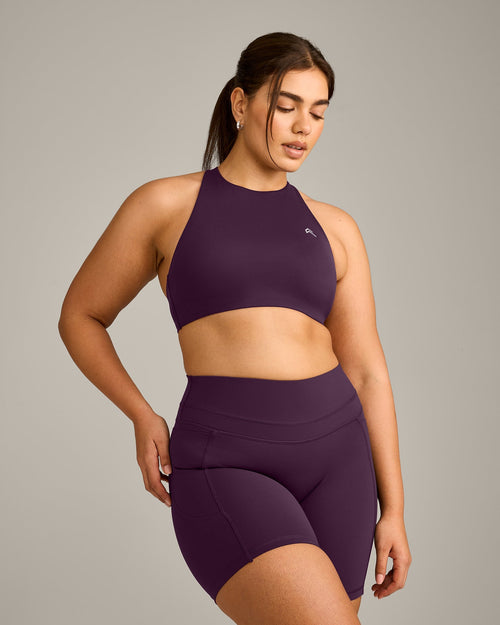 EasyLift™ High Neck Sports Bra with Gray Logo | Blackberry Purple