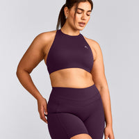 EasyLift™ High Neck Sports Bra with Gray Logo | Blackberry Purple