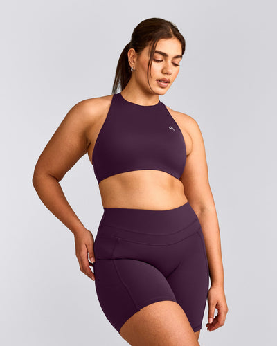 EasyLift™ High Neck Sports Bra with Gray Logo | Blackberry Purple