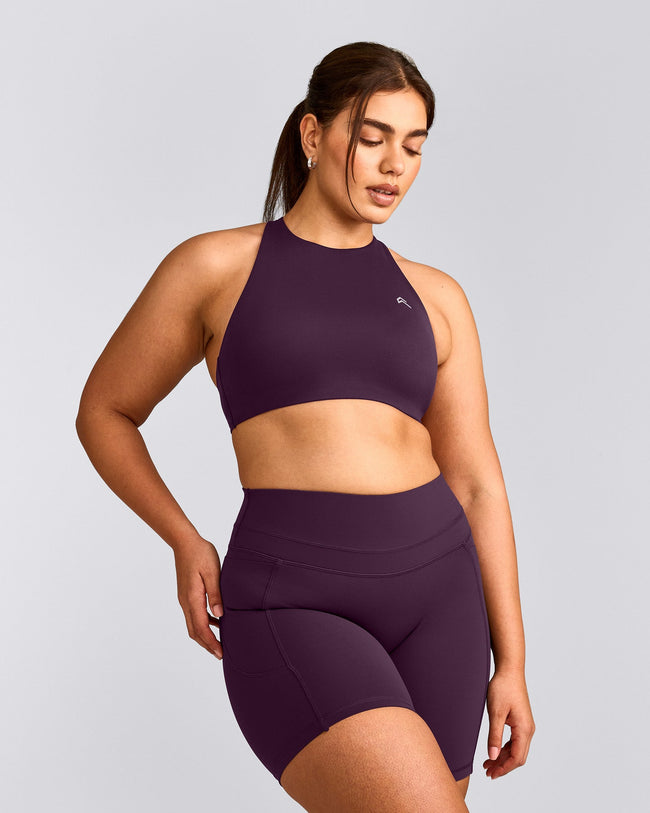 EasyLift™ High Neck Sports Bra with Gray Logo | Blackberry Purple