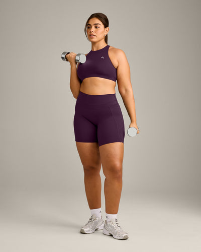 EasyLift™ High Neck Sports Bra with Gray Logo | Blackberry Purple