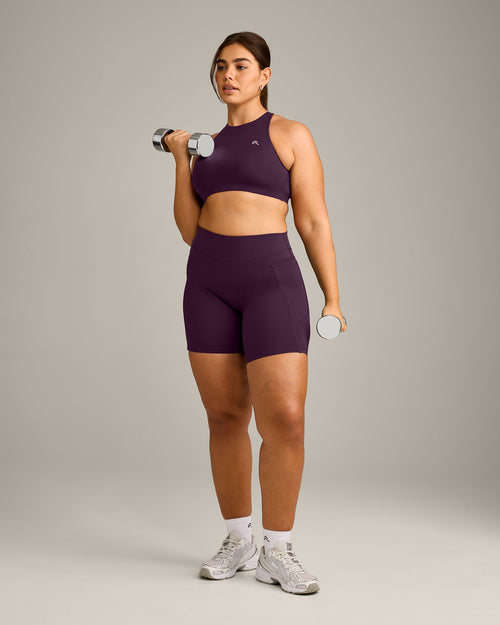 EasyLift™ High Neck Sports Bra with Gray Logo | Blackberry Purple
