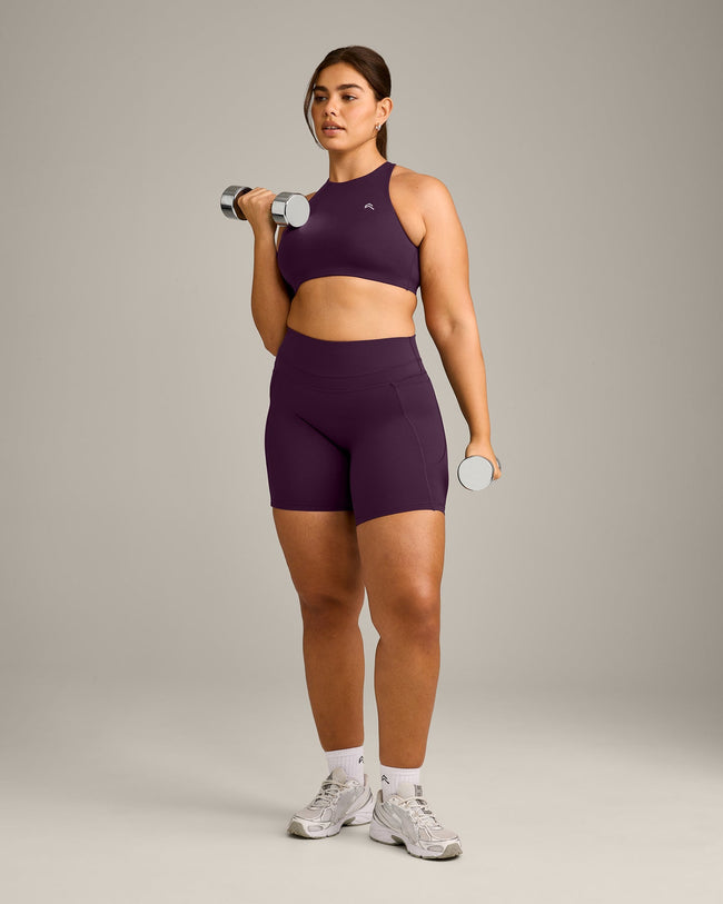 EasyLift™ High Neck Sports Bra with Gray Logo | Blackberry Purple