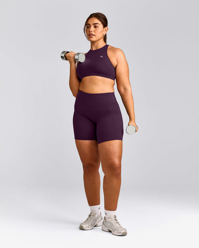 EasyLift™ High Neck Sports Bra with Gray Logo | Blackberry Purple