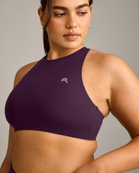EasyLift™ High Neck Sports Bra with Gray Logo | Blackberry Purple