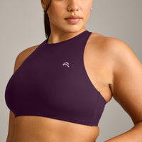 EasyLift™ High Neck Sports Bra with Gray Logo | Blackberry Purple