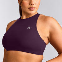 EasyLift™ High Neck Sports Bra with Gray Logo | Blackberry Purple