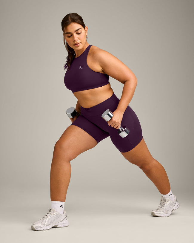 EasyLift™ High Neck Sports Bra with Gray Logo | Blackberry Purple