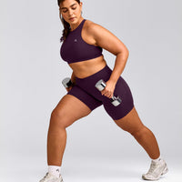 EasyLift™ High Neck Sports Bra with Gray Logo | Blackberry Purple