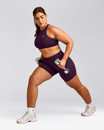 EasyLift™ High Neck Sports Bra with Gray Logo | Blackberry Purple
